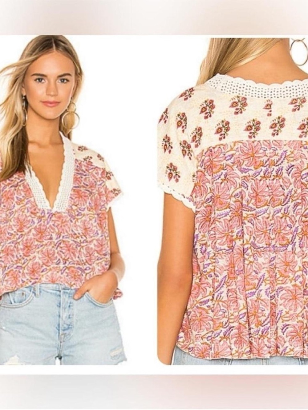 Pink Floral print crochet V-neck top, short cap sleeves, boho billowy crop style